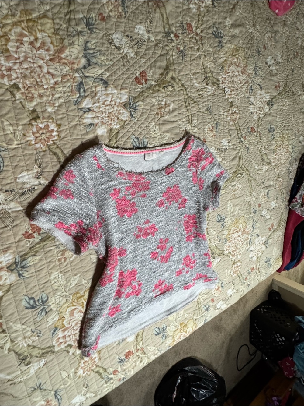 Anthropologie Gray Short-Sleeve Tee with Pink Floral Pattern